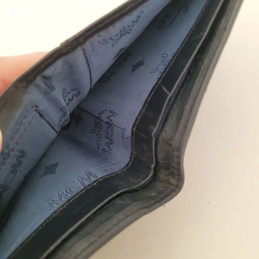 MCM Vintage Men's Wallet Card Case Leather‎ Designer Bifold Signature Navy Blue